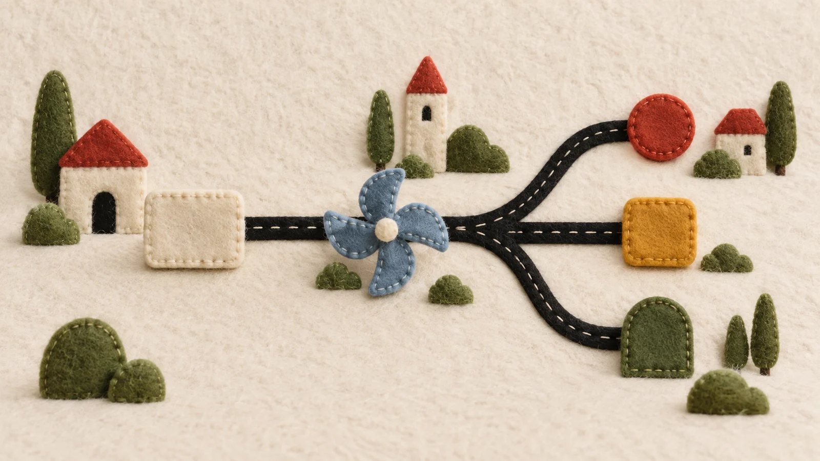 A stitched felt town routes one input into three outcomes.